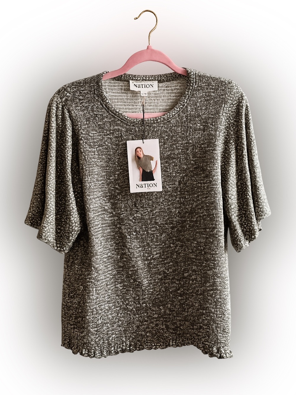 Nation Los Angeles Smocked Tee XXL Olive Green Micro Dot Textured Top NWT